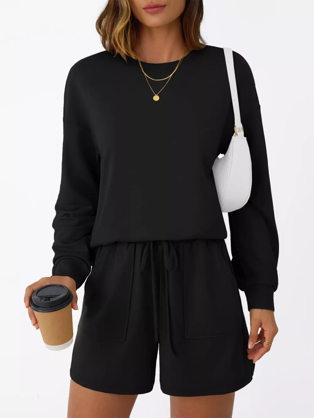 Round Neck Long Sleeve Top and Shorts Set, image 7