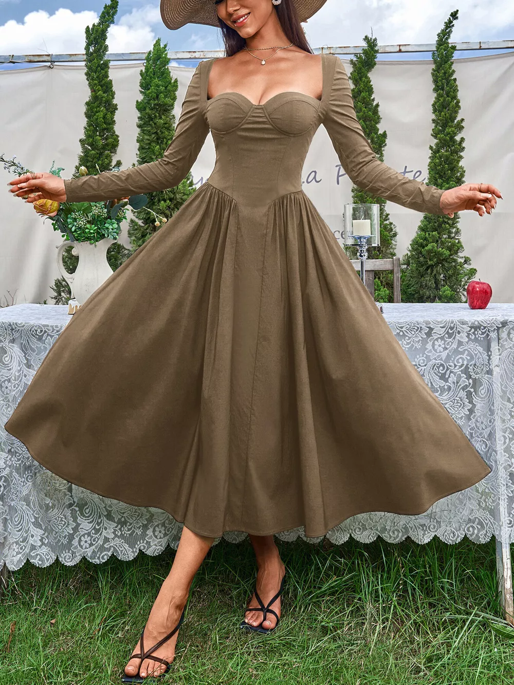 Sweetheart Neckline Long Sleeve A-Line Midi Dress, image 14