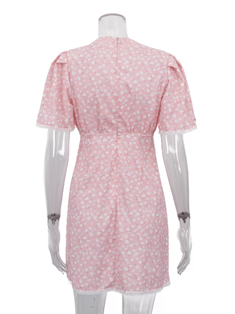 V-Neck Puff Sleeve Mini Dress with Lace Trim, image 7