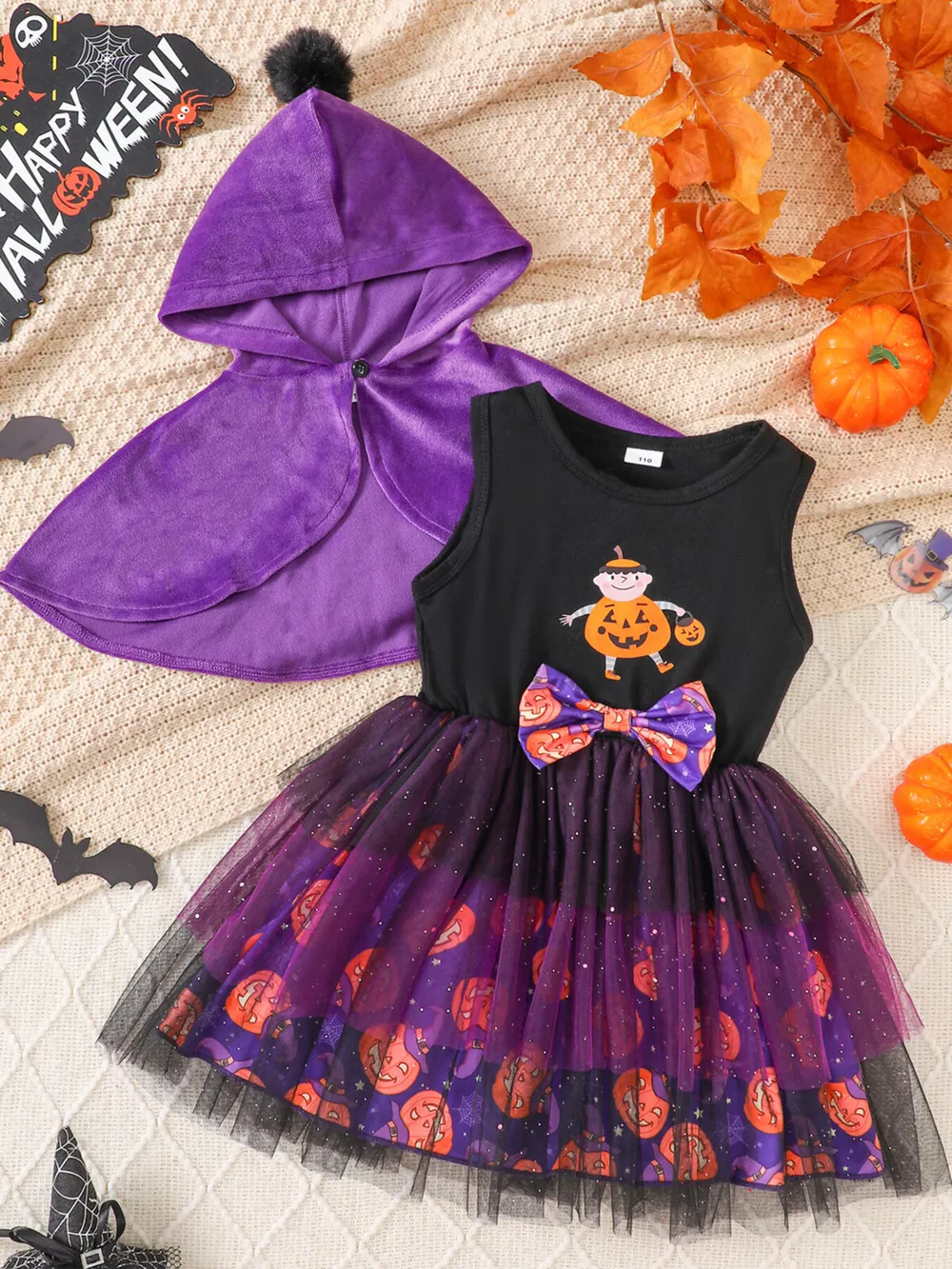 Children's Halloween Hooded Cape and Printed Dress Witch Costume Set, image 6