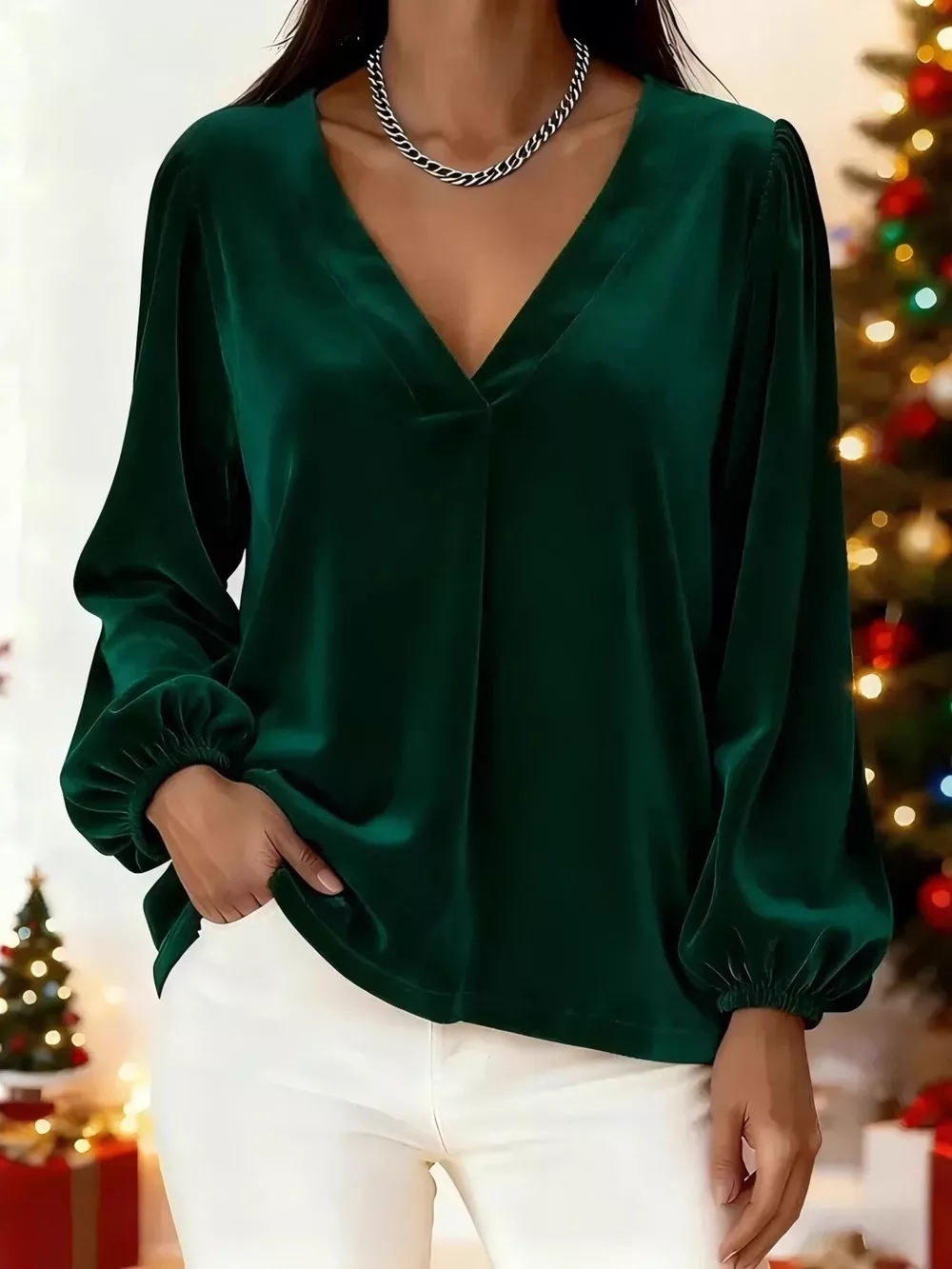 Full Size Velvet V-Neck Balloon Sleeve Blouse Plus Size, image 7