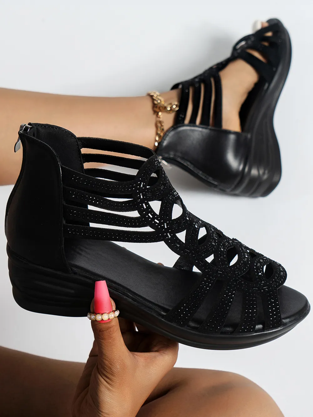 Strappy Wedge Sandals with Rhinestone Details, image 2