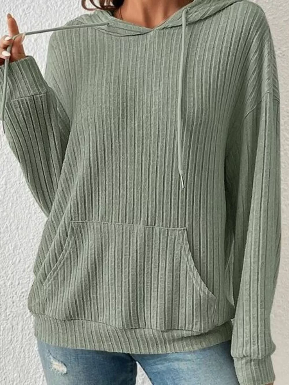 Ribbed Knit Long Sleeve Drawstring Hoodie, image 10