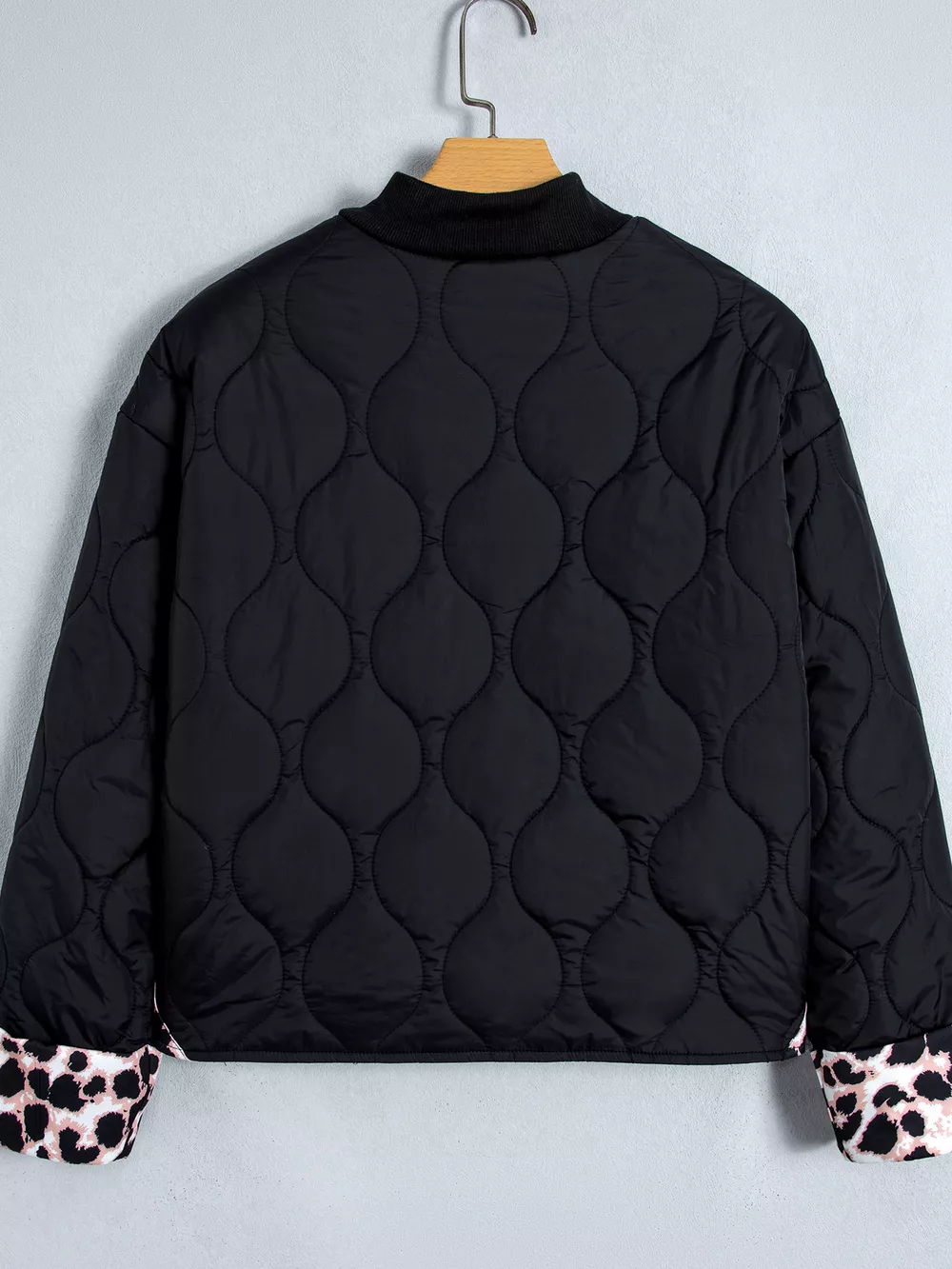 Quilted Leopard Cuff Button Down Puffer Jacket, image 3