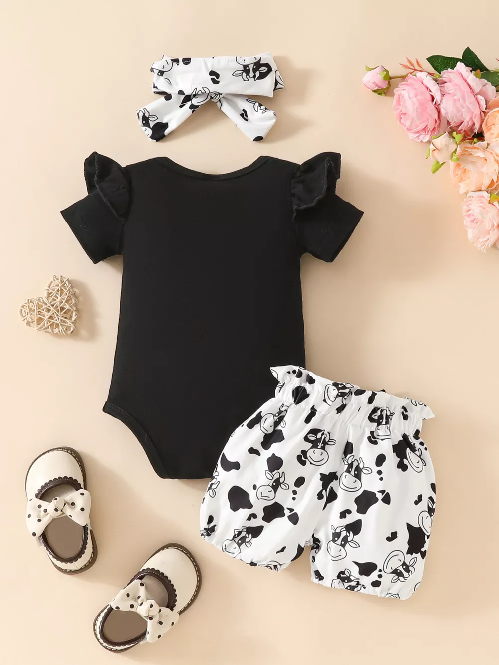 Children's Ruffled Cow Bodysuit and Shorts Set with Headband, image 10
