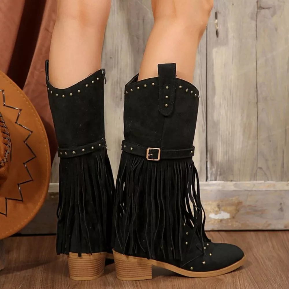 Fringe Point Toe Block Heels Boots, image 5