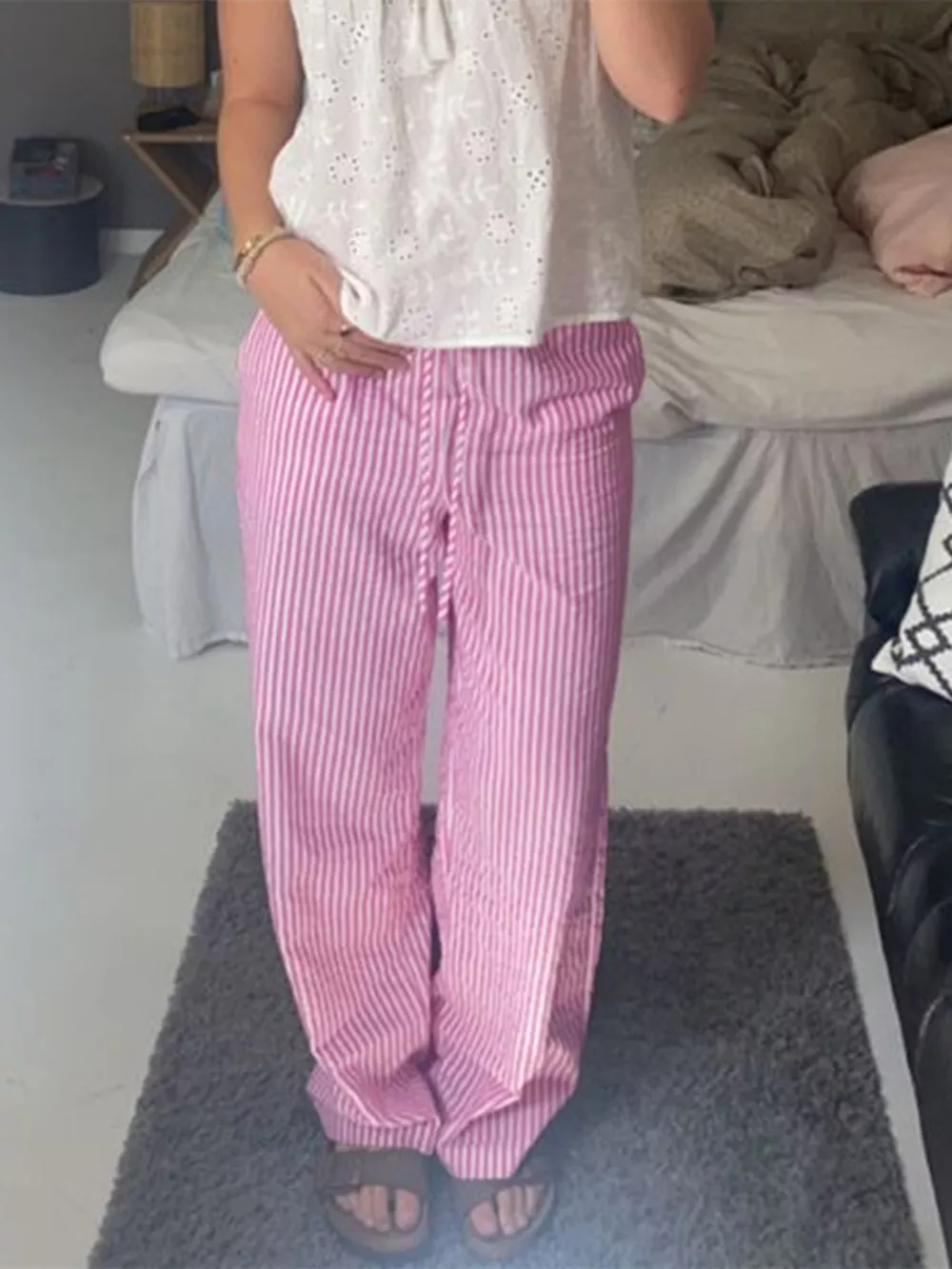 Striped High-Waisted Drawstring Casual Pants, image 3