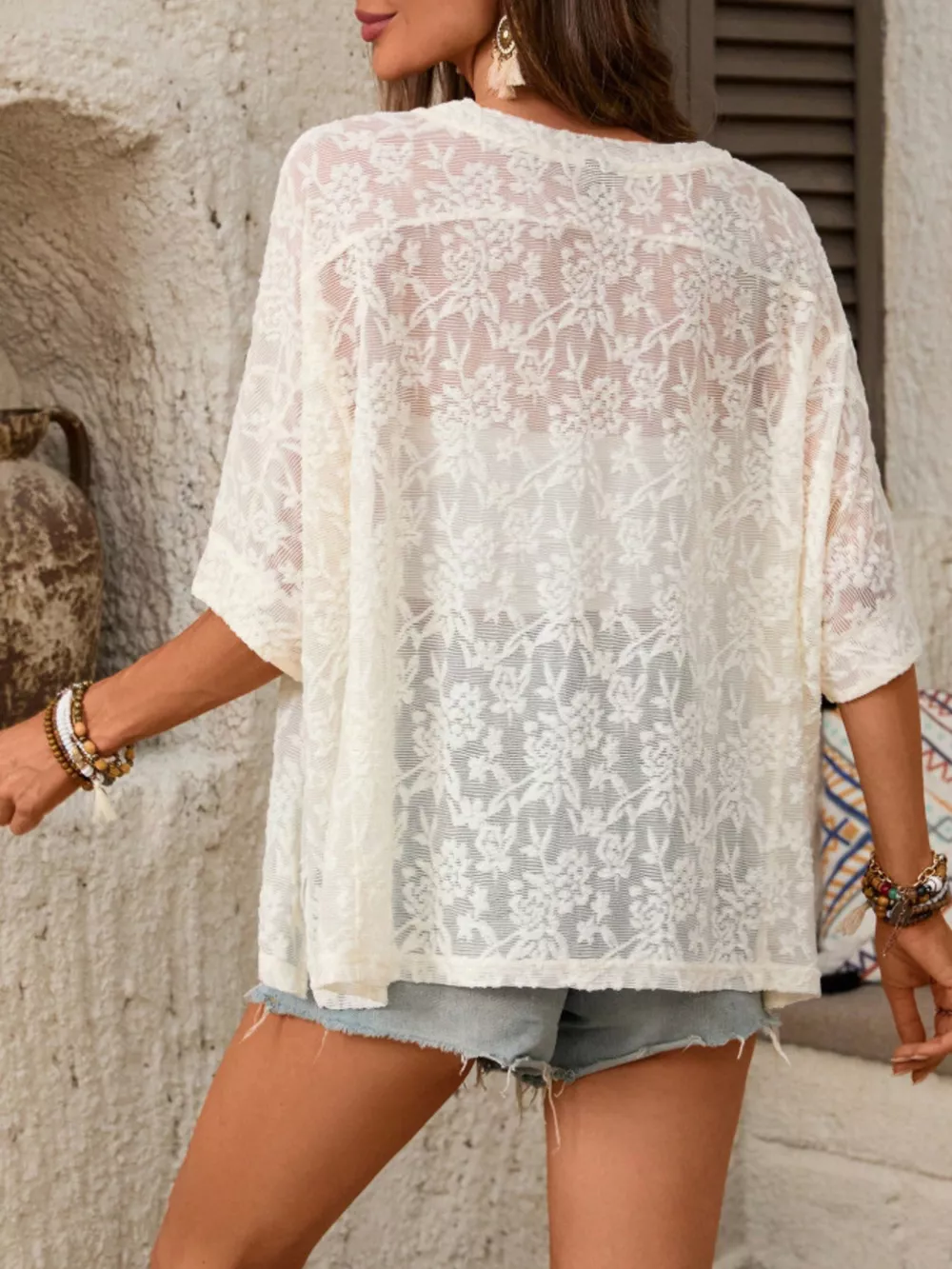 Floral Lace Sheer Round Neck Top, image 4