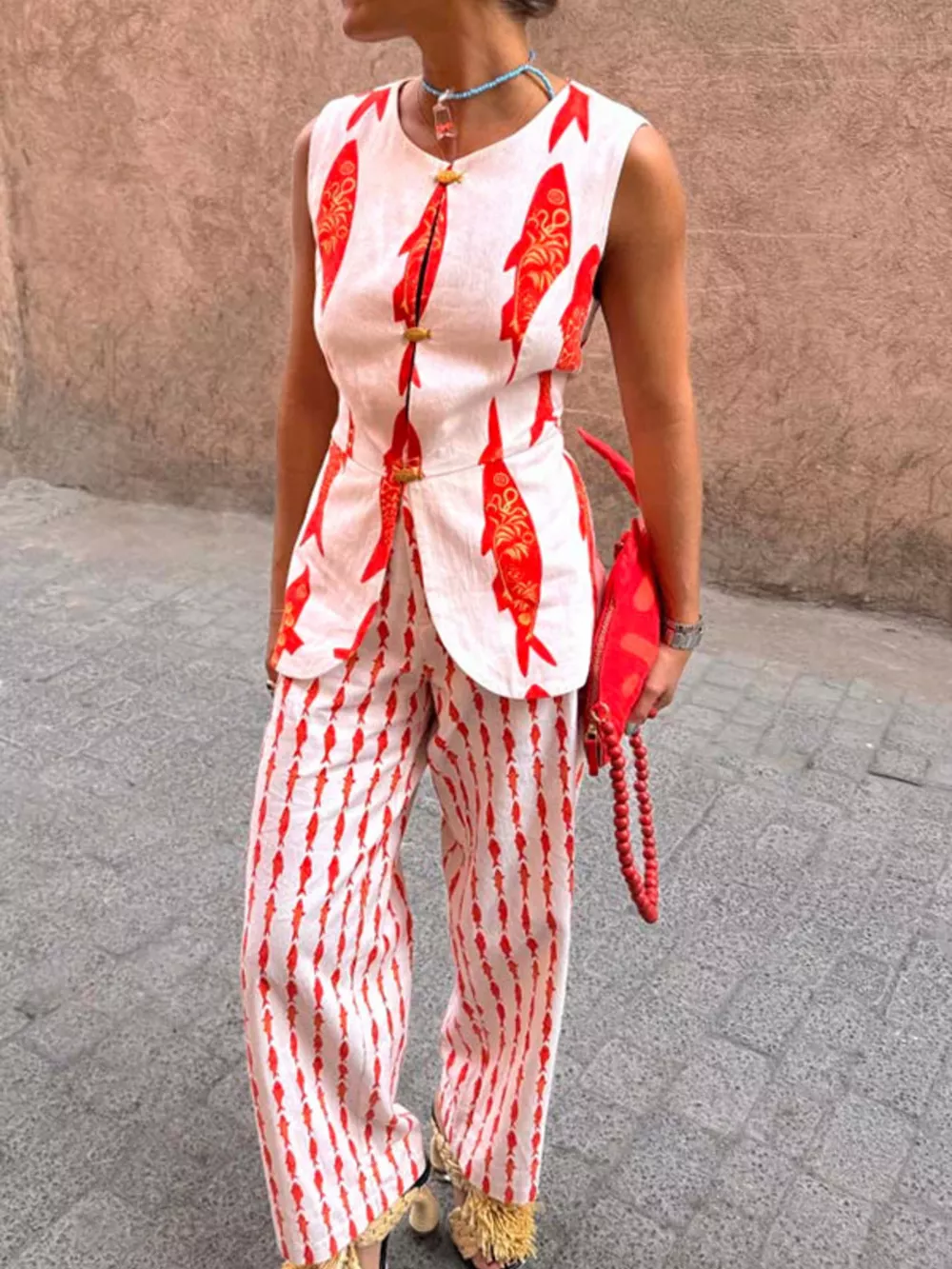 Fish Print Sleeveless Top and Pants Set, image 9