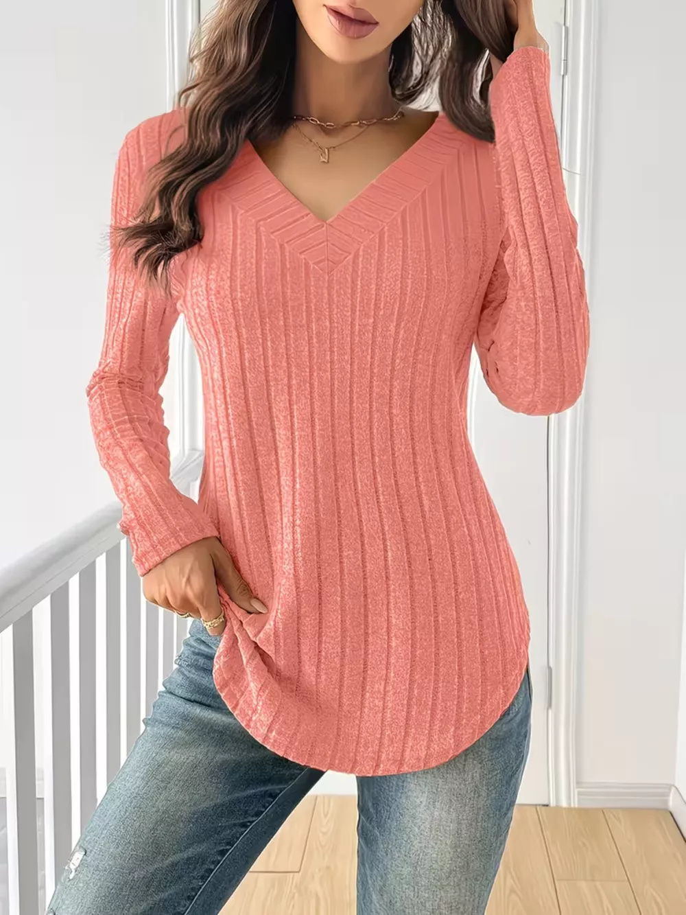 Ribbed Knit Long Sleeve T-Shirt, image 10