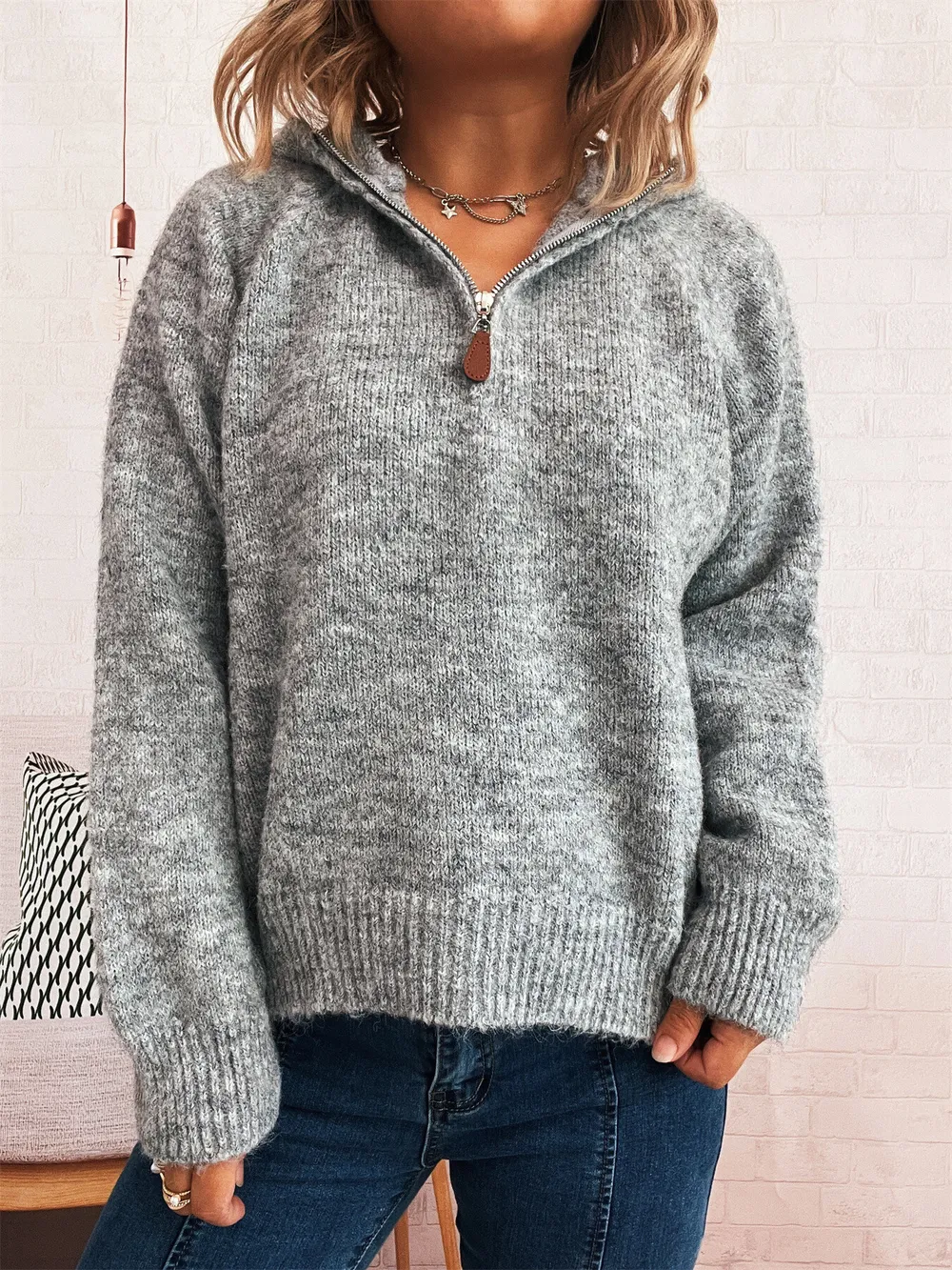 Quarter Zip Ribbed Hem Sweater, image 6