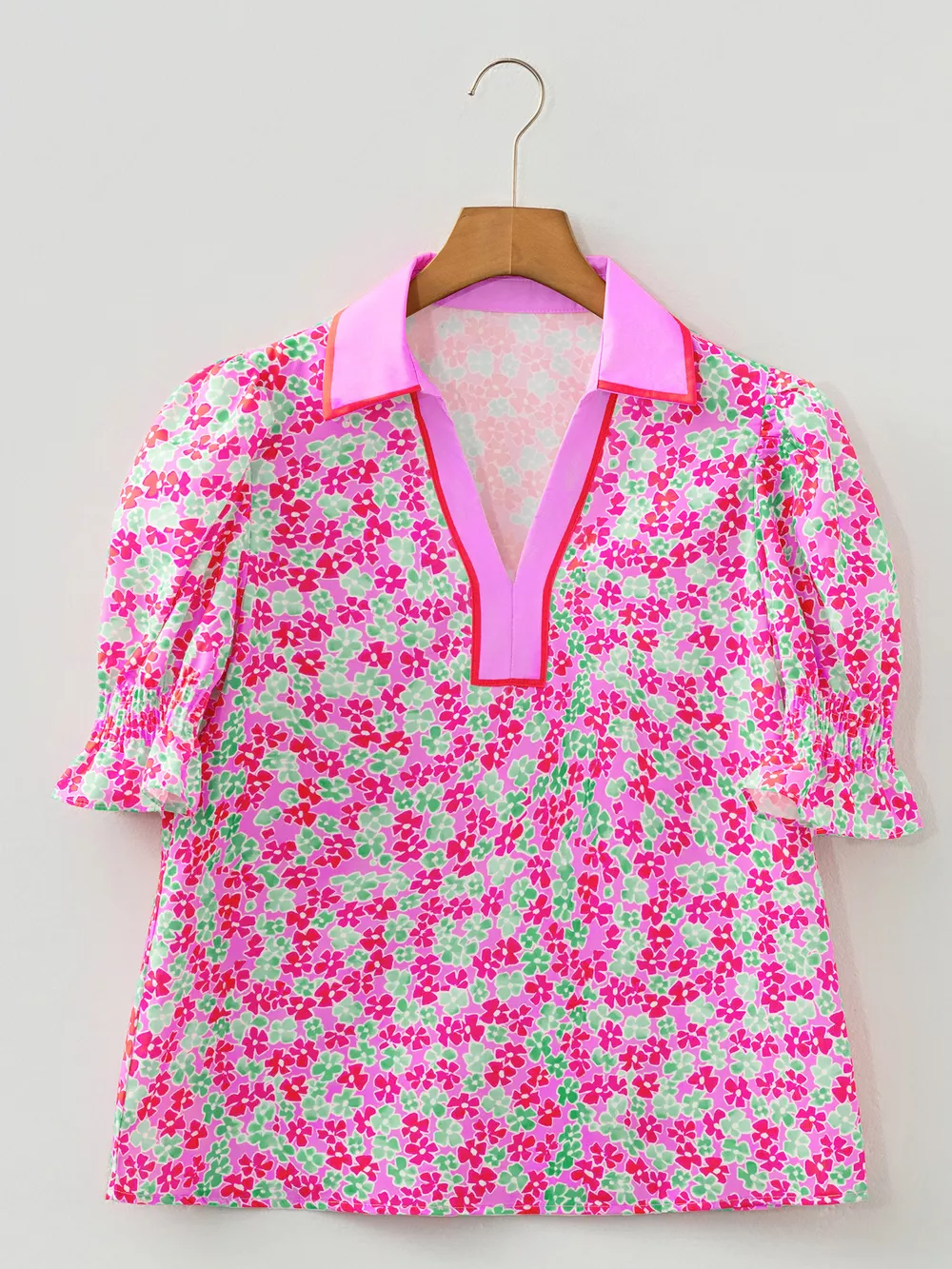Floral Collared V Neck Short Puff Sleeve Blouse, image 5