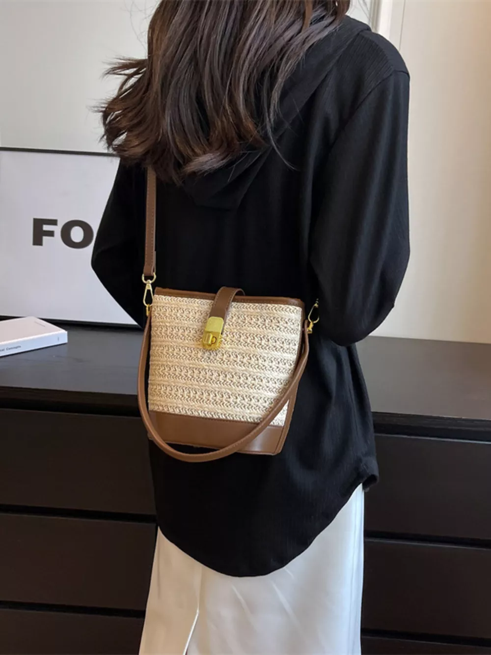 Woven Straw Bucket Crossbody Bag, image 6