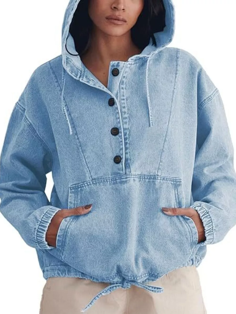Casual Hooded Kangaroo Pocket Denim Jacket, image 6