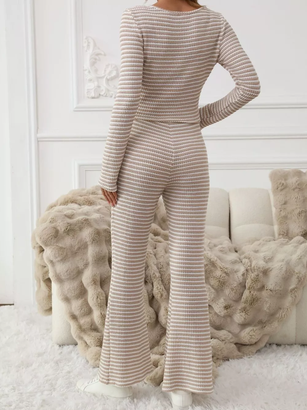 Striped Knit Long Sleeve Top & Flare Leg Pants Set, image 5