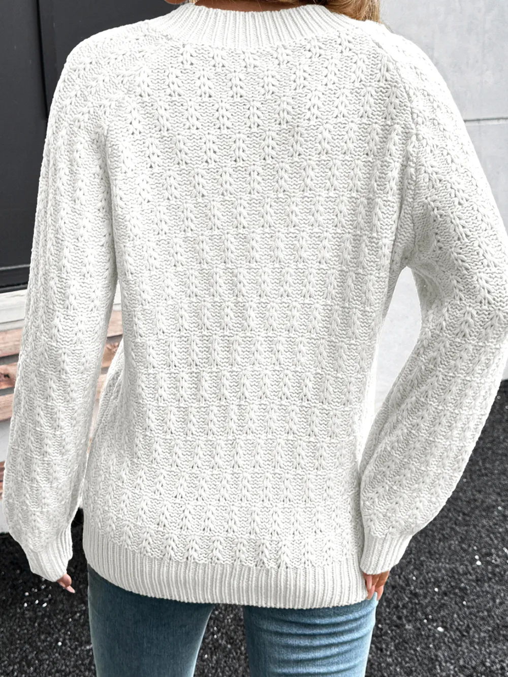 Textured Knit Ribbed Edge V Neck Loose Sweater, image 2