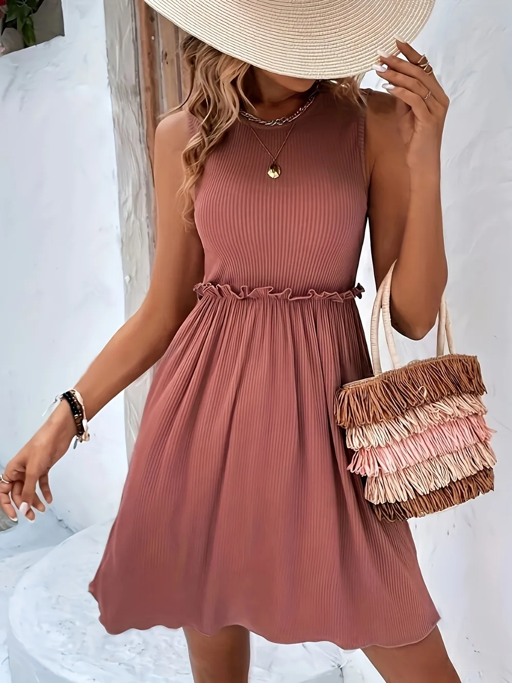 Frill Ribbed Sleeveless Mini Dress, image 2