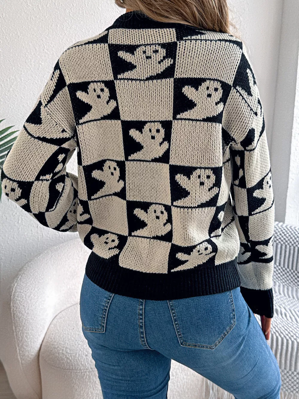 Halloween Ghost Pattern Checkered Round Neck Sweater, image 2
