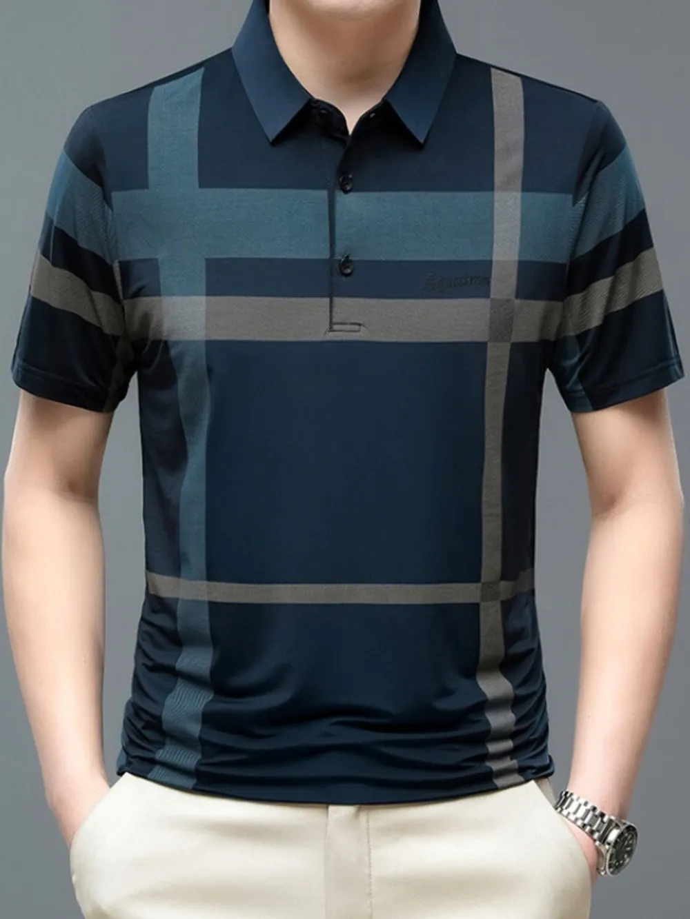 Men's Plus Size Geometric Striped Short Sleeve Polo, image 4