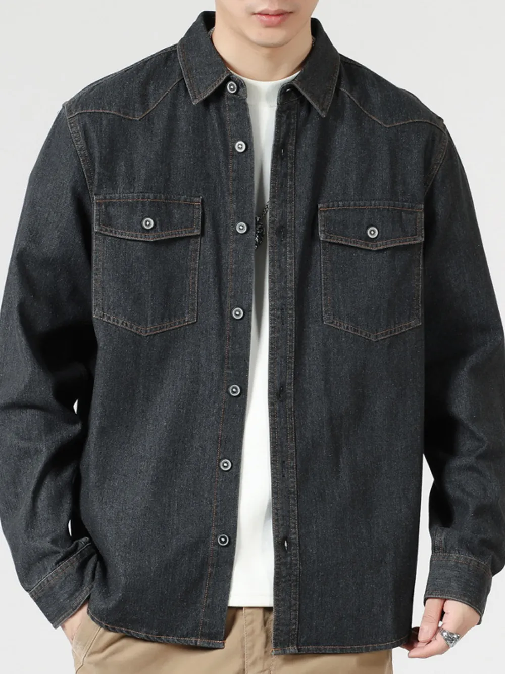 Men's Plus Size Washed Button Down Denim Shirt