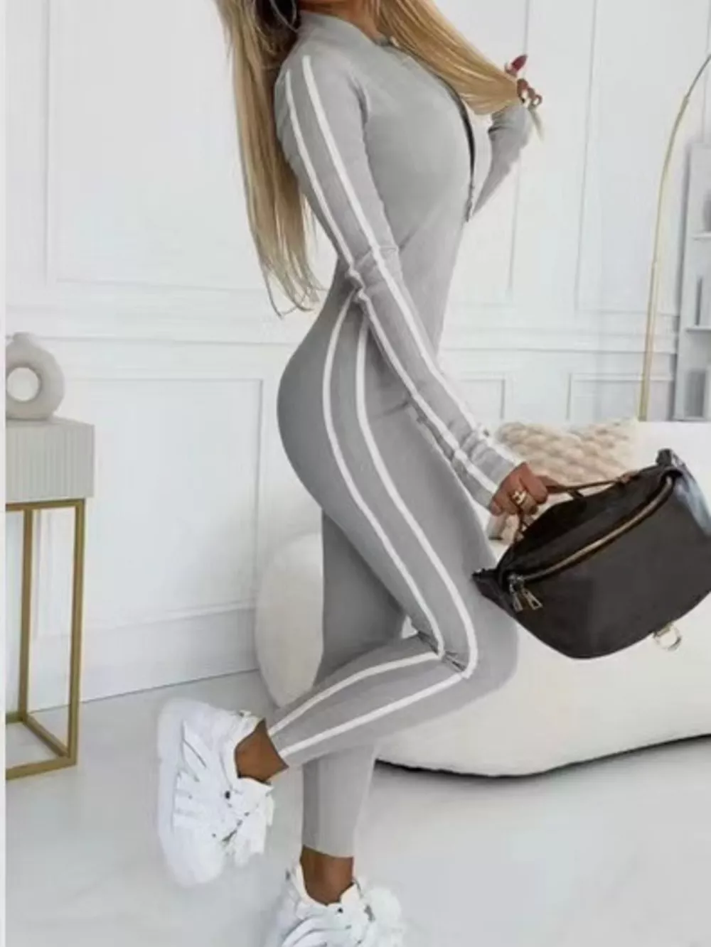 Full Size Stripe Zip-Front Long Sleeve Jumpsuit Plus Size, image 5
