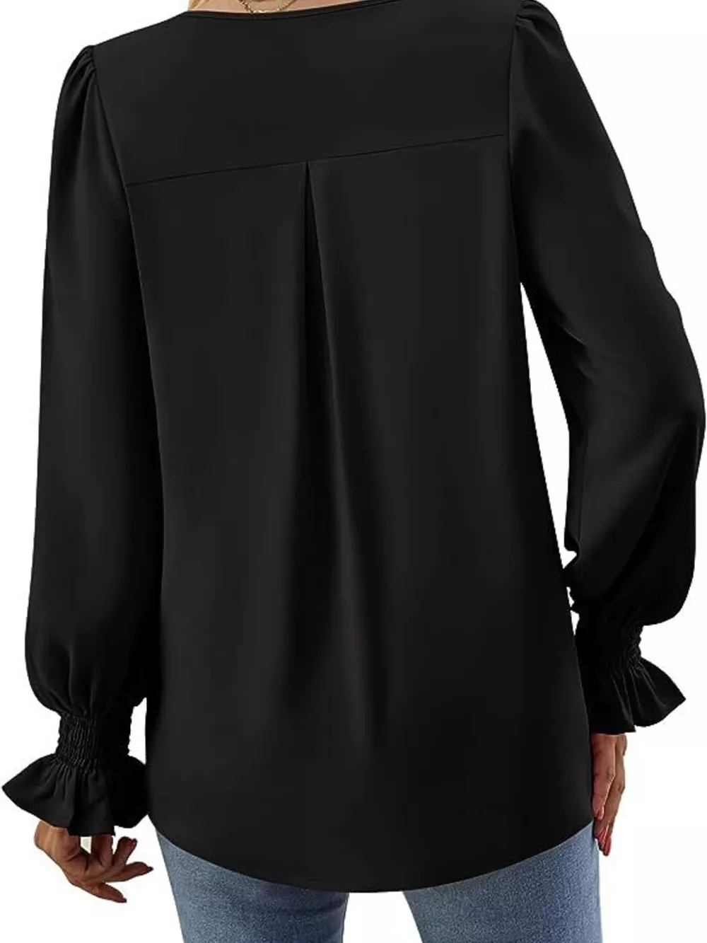 V-Neck Long Sleeve Ruffle Cuff Blouse