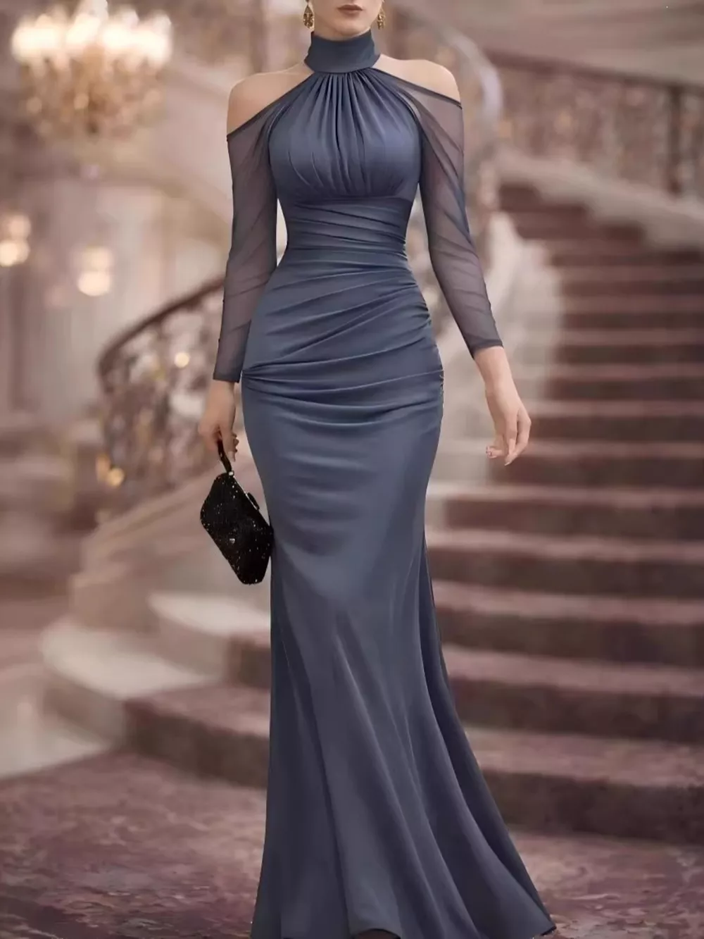 Cold Shoulder Mesh Sleeve Maxi Dress, image 3