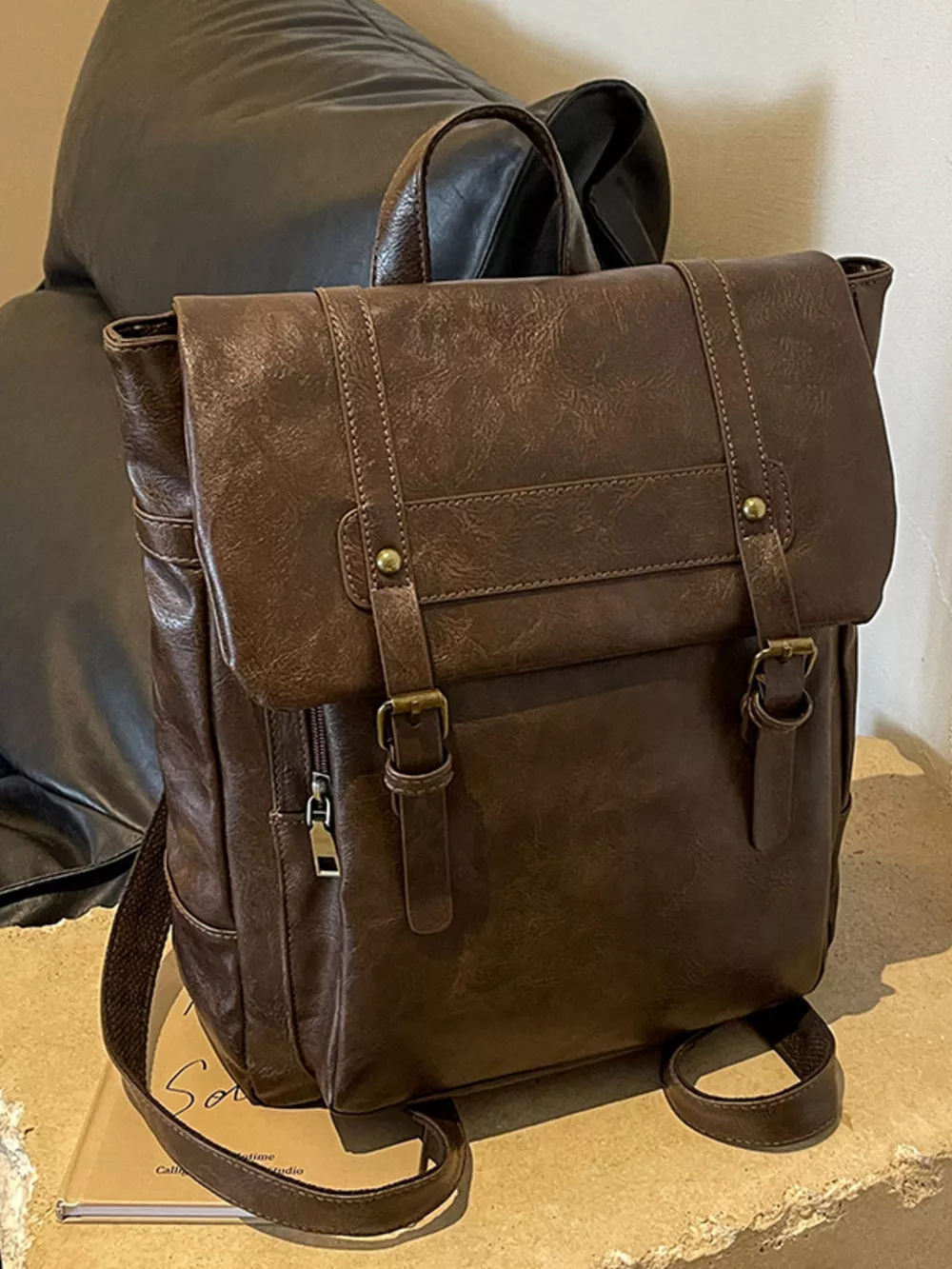 Leather Flap Backpack Bag, image 4