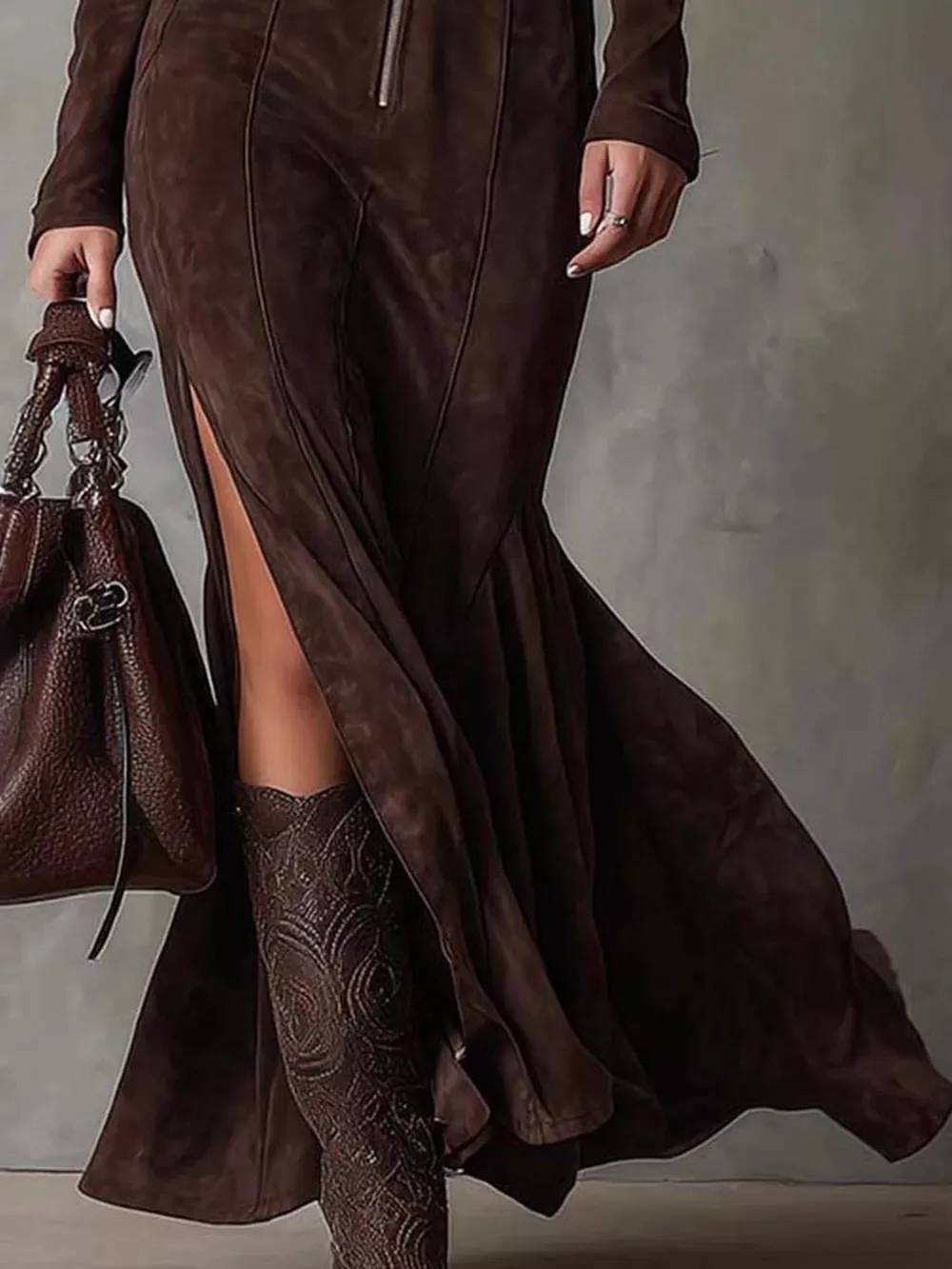 Full Size Zipper Front Long Sleeve Slit Maxi Dress Plus Size, image 4