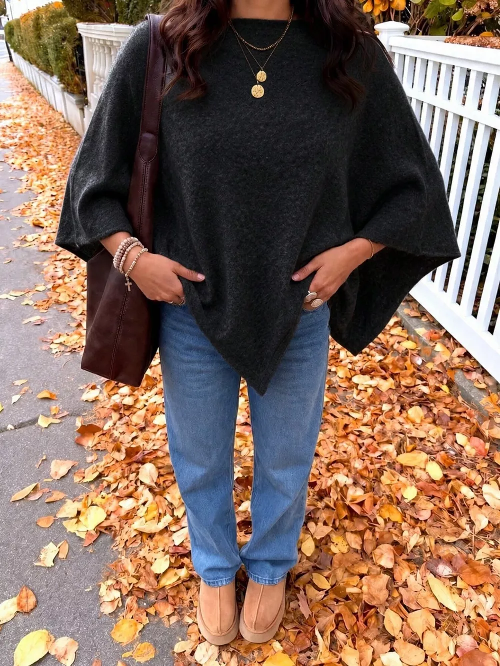 Brushed Loose Shawl Round-Neck Cape Sweater with Bat Sleeves, image 10