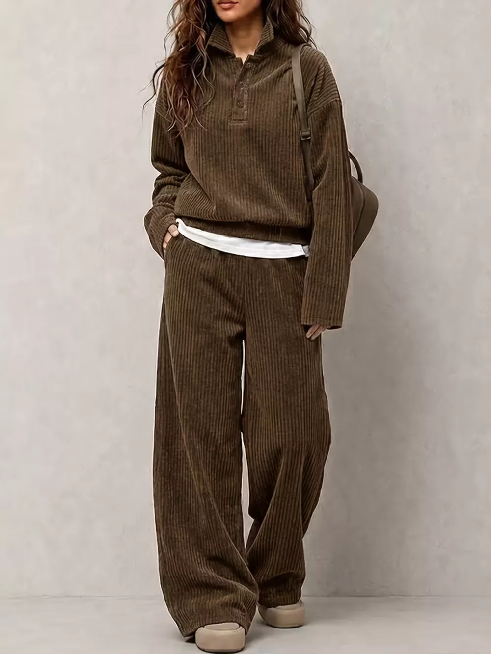 Corduroy Button Detail Top and Wide-Leg Pants Set, image 2