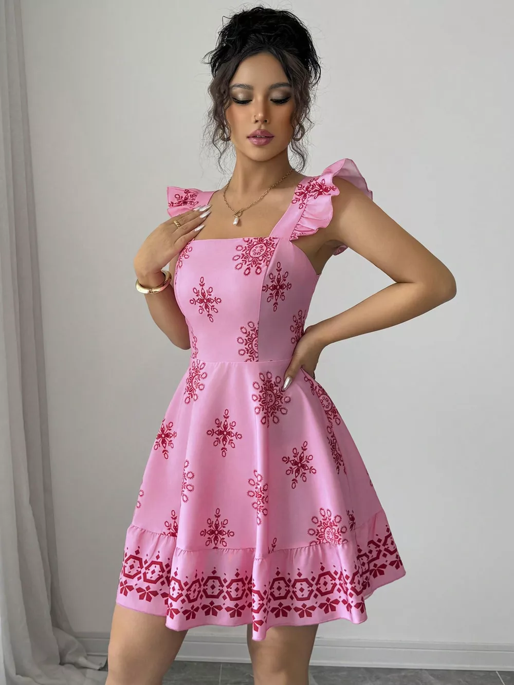 Printed Bow Back Square Neck Mini Dress, image 12