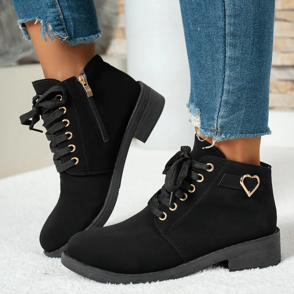 Lace-Up Ankle Boots with Heart Charm Detail, image 4