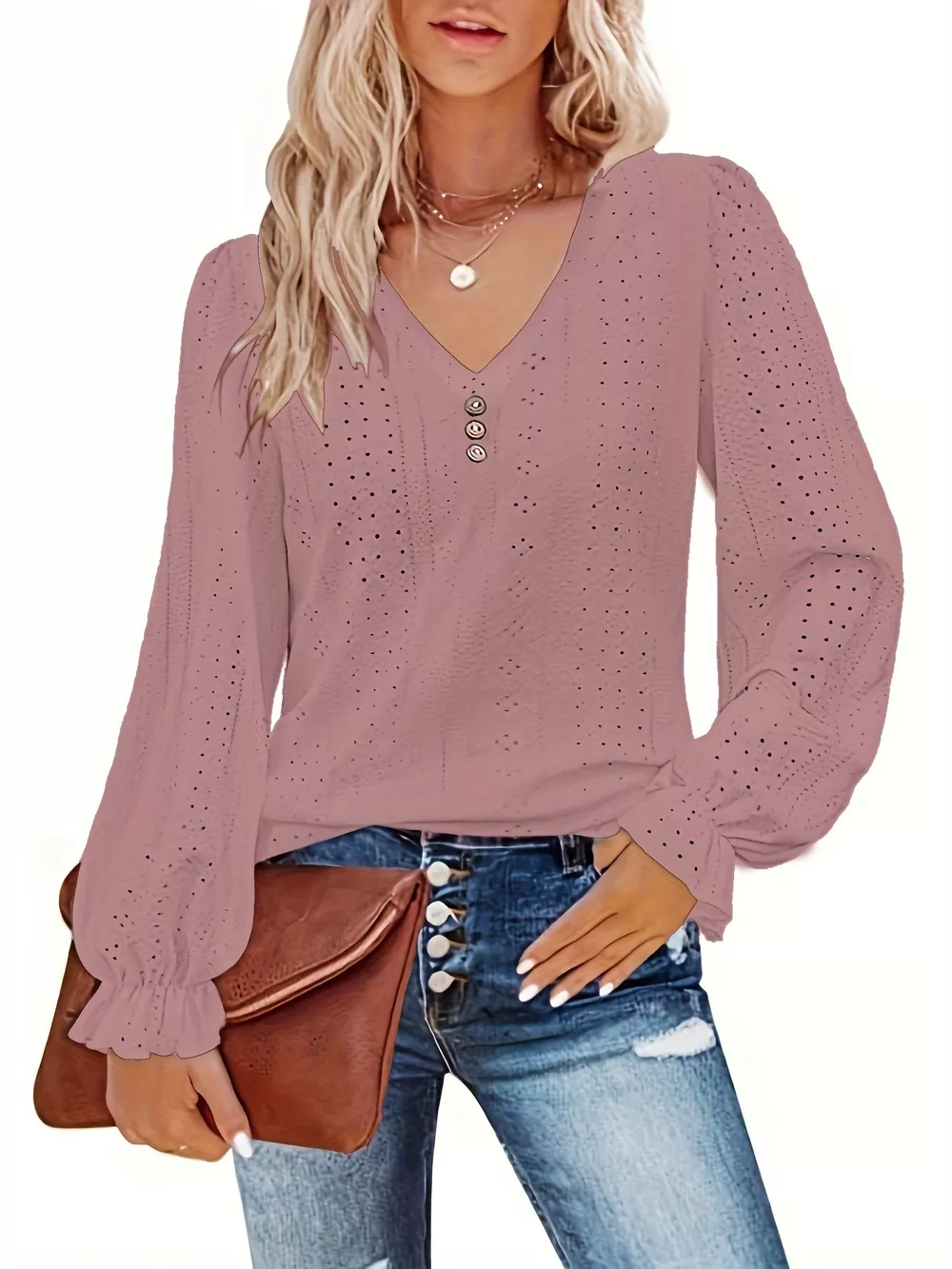 Plus Size Eyelet V-Neck Flounce Sleeve Blouse, image 28