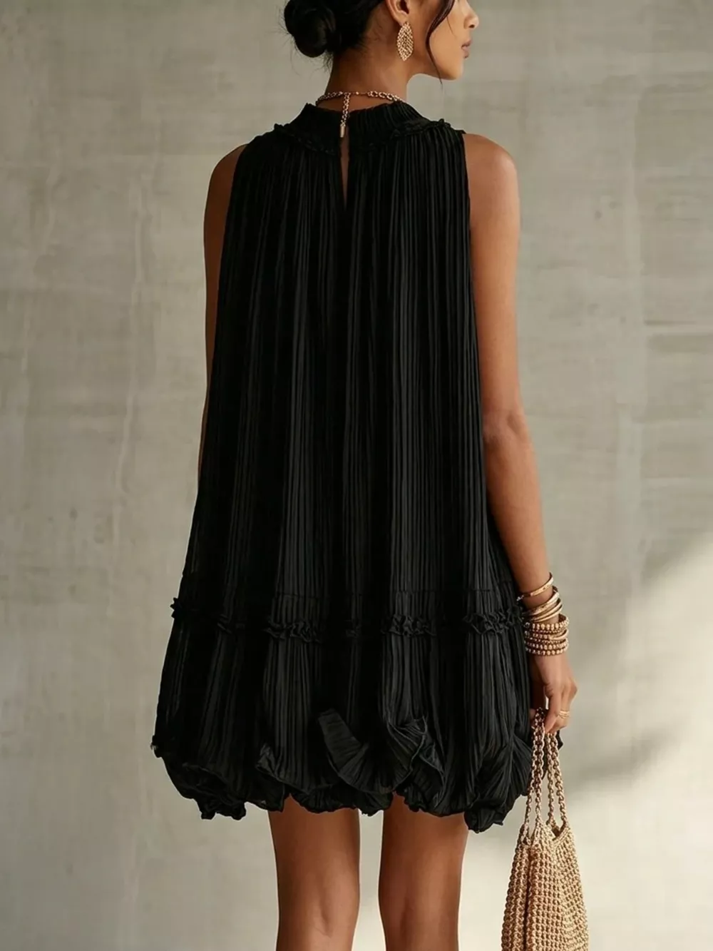 Pleated Mock Neck Sleeveless Mini Dress, image 8