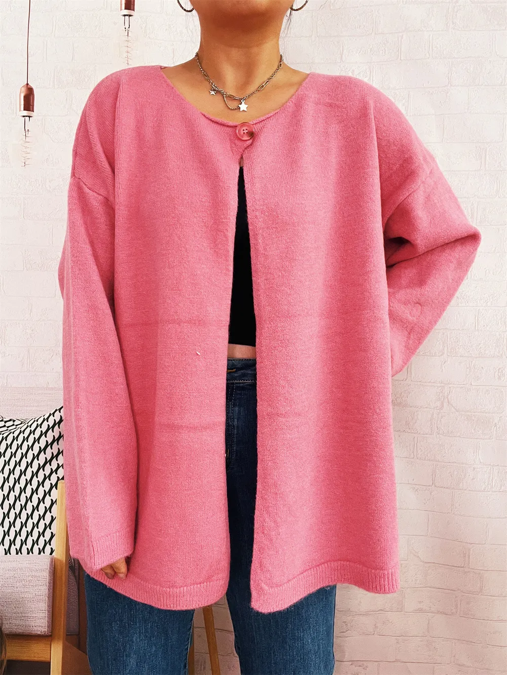 One Button Front Drop Shoulder Cardigan, image 6