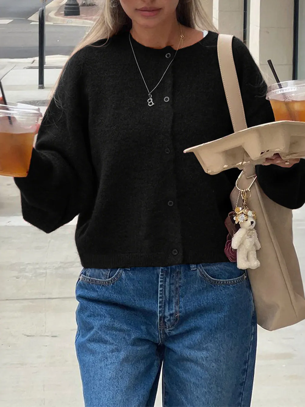 Button-Up Cropped Sweater Cardigan, image 6