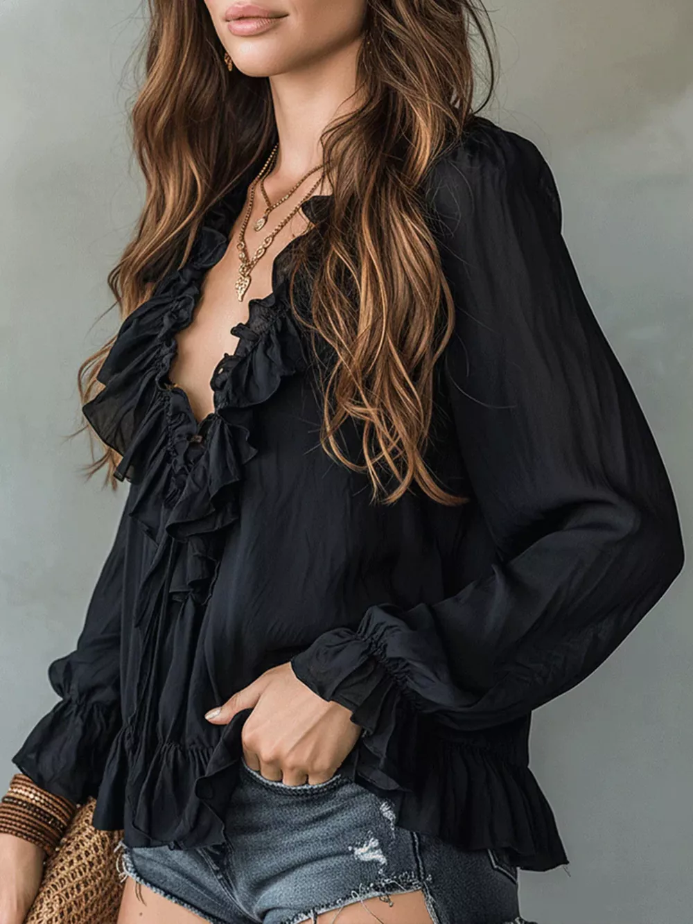 Ruffle V-Neck Long Sleeve Blouse, image 4