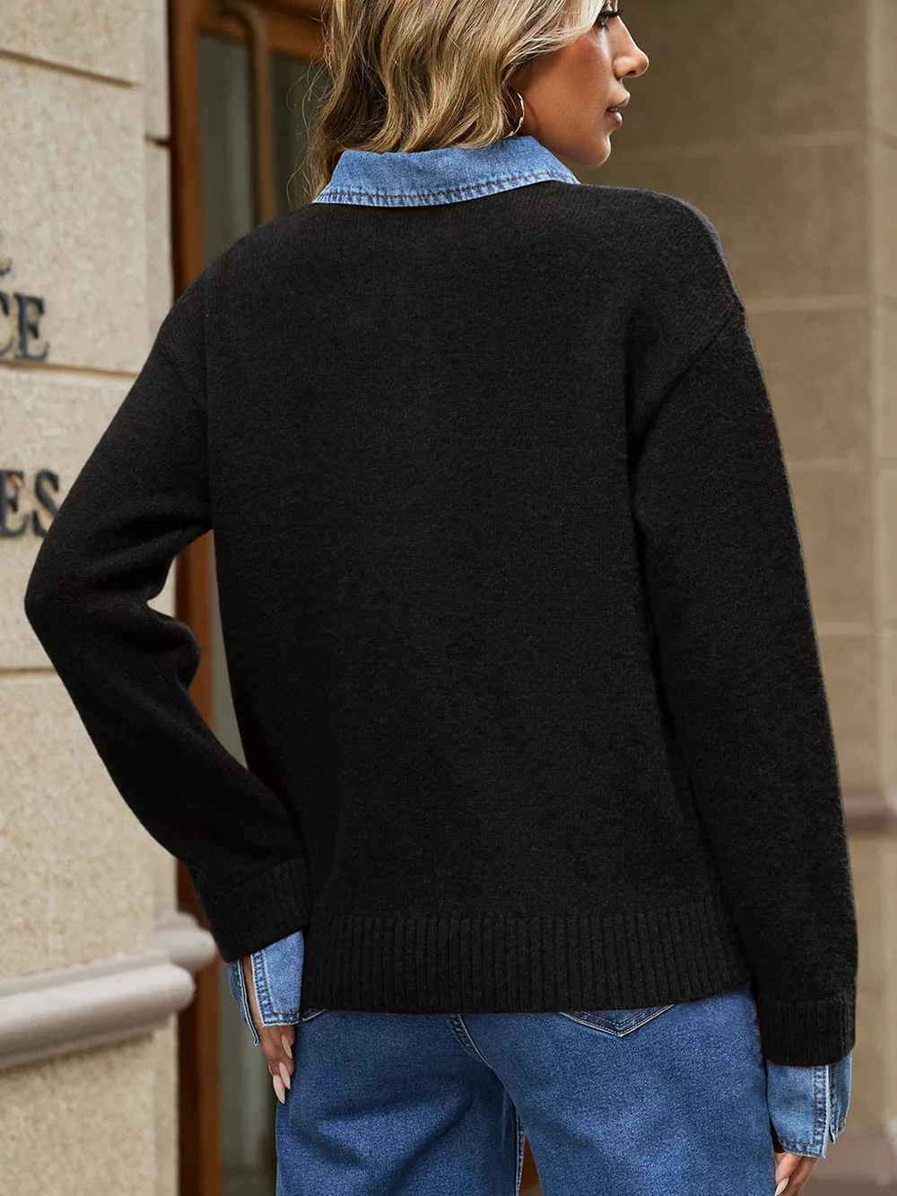 Denim Patchwork Collar Cuffed Casual Sweater, image 2