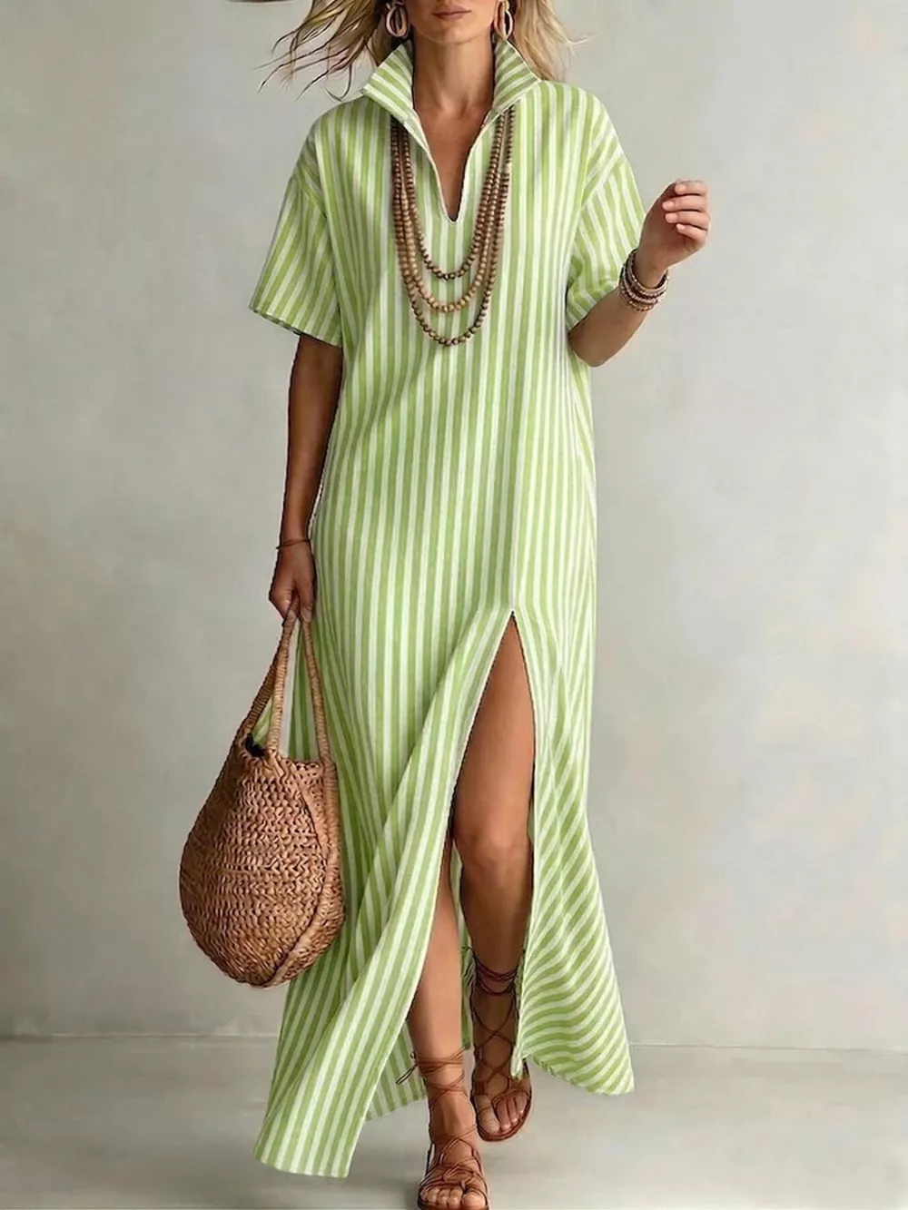 Striped High Slit Maxi Shirt Dress