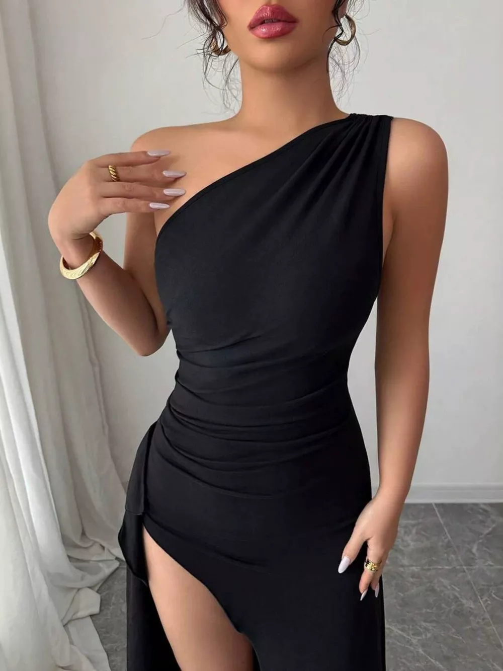 One-Shoulder Ruched High-Slit Maxi Dress, image 2