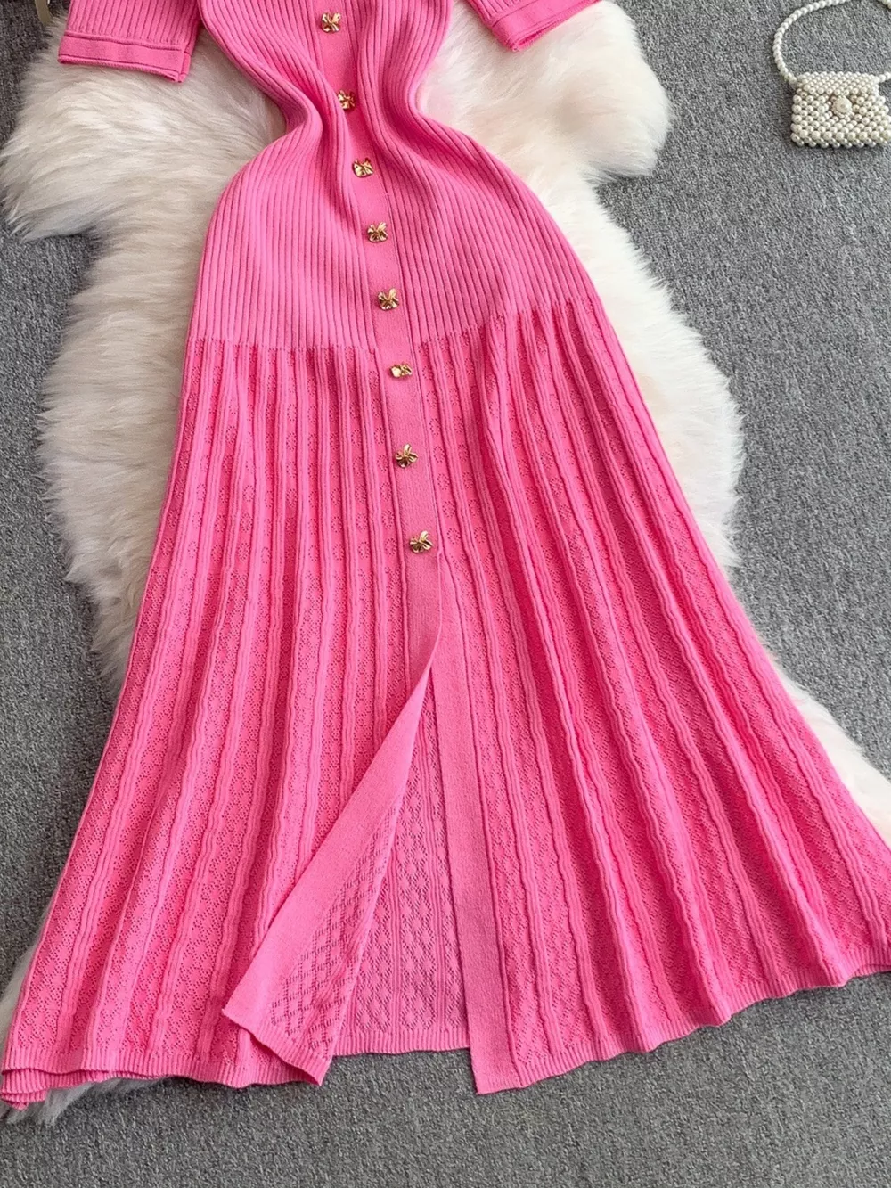Button Front Ribbed Knit Midi Dress, image 5