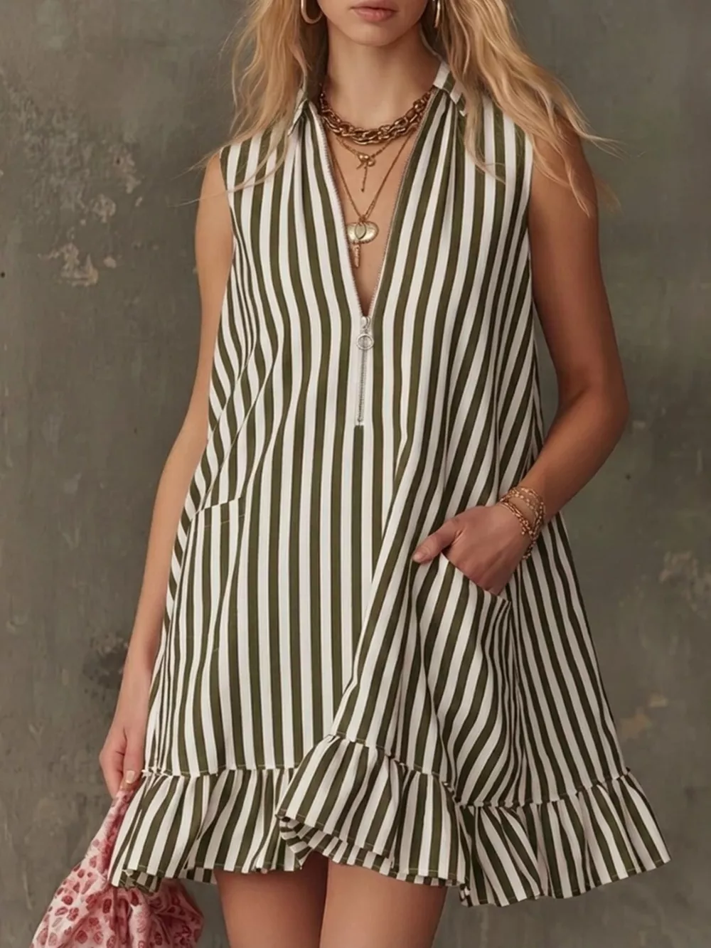 Striped Zipper Neck Ruffle Hem Dress, image 7