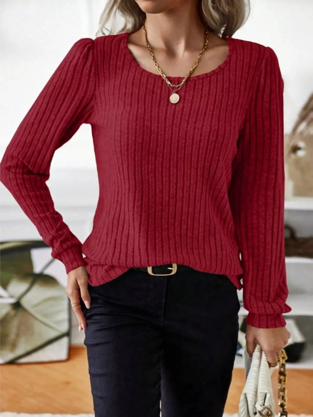 Ribbed Knit Long Sleeve T-Shirt, image 12