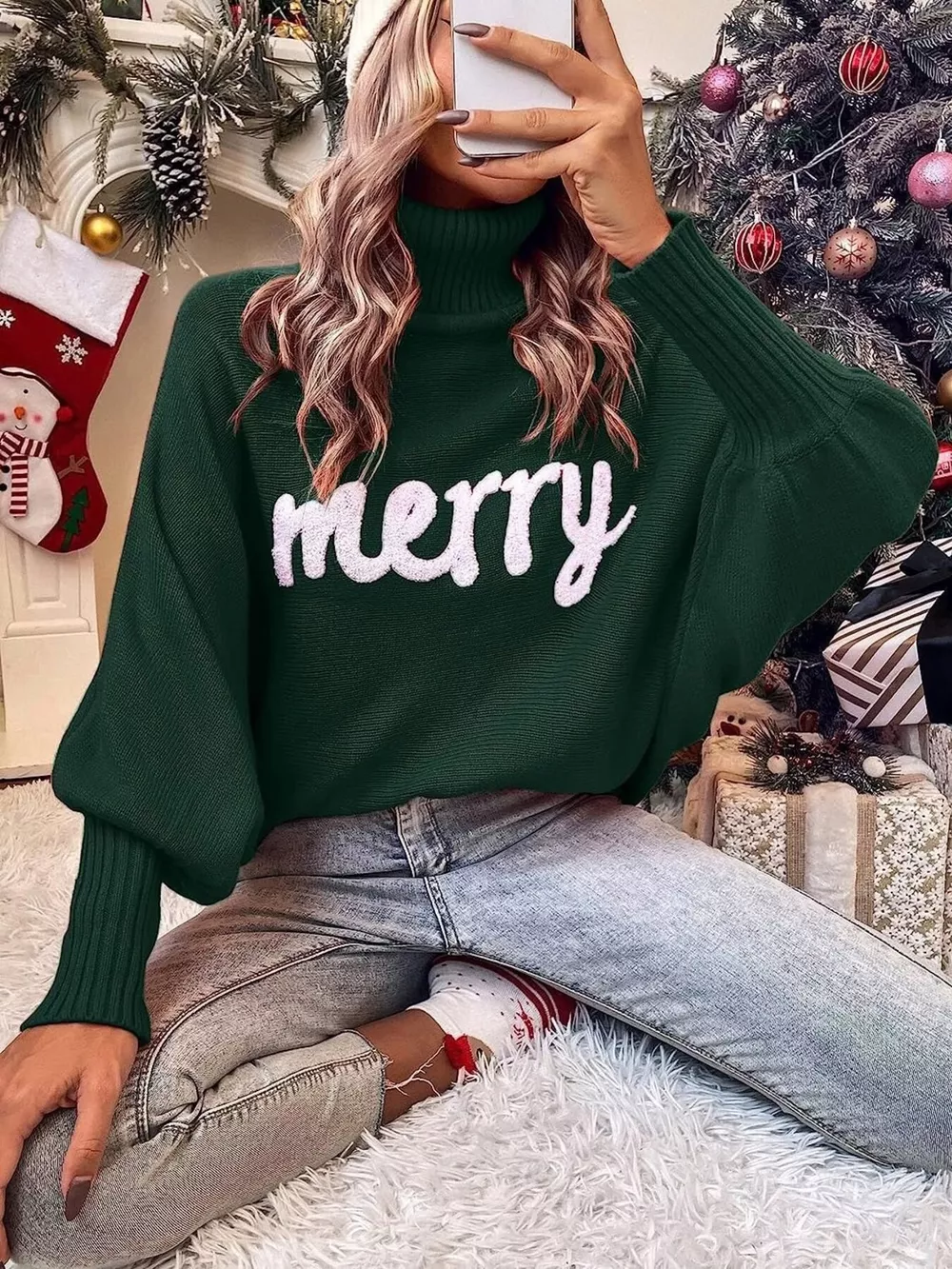 Merry Turtleneck Long Sleeve Christmas Sweater, image 4