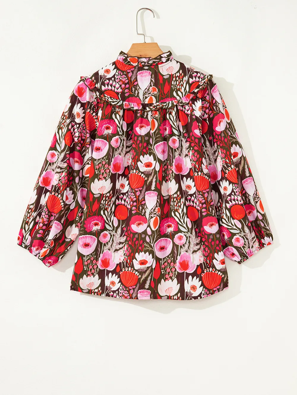 Floral Balloon Sleeve Tie Neck Blouse, image 2