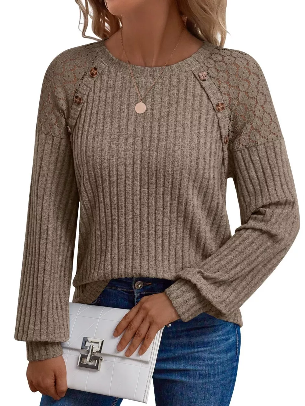 Ribbed Knit T-Shirt with Lace Shoulder Detail, image 4