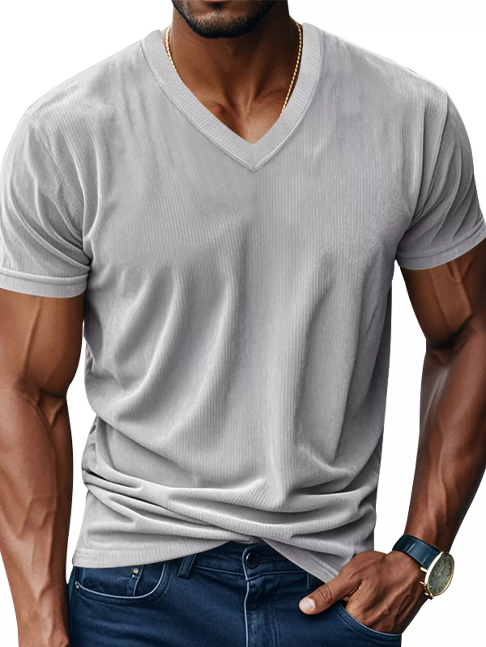 Men's Full Size Ribbed V-Neck T-Shirt Plus Size, image 6