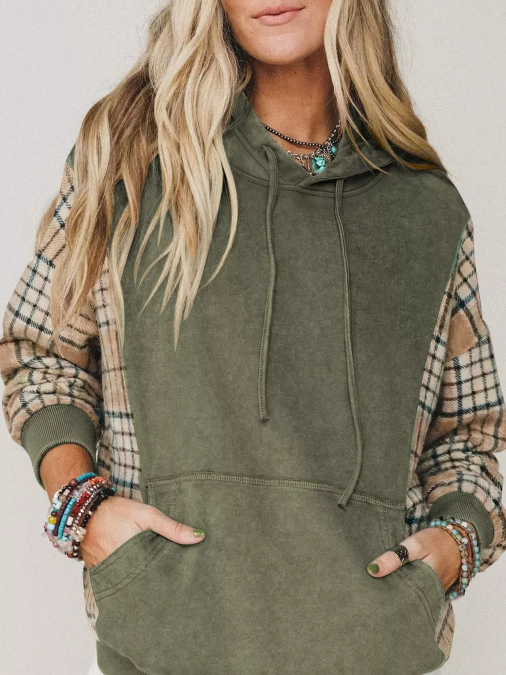 Plaid Sleeve Drawstring Pocket Hoodie
