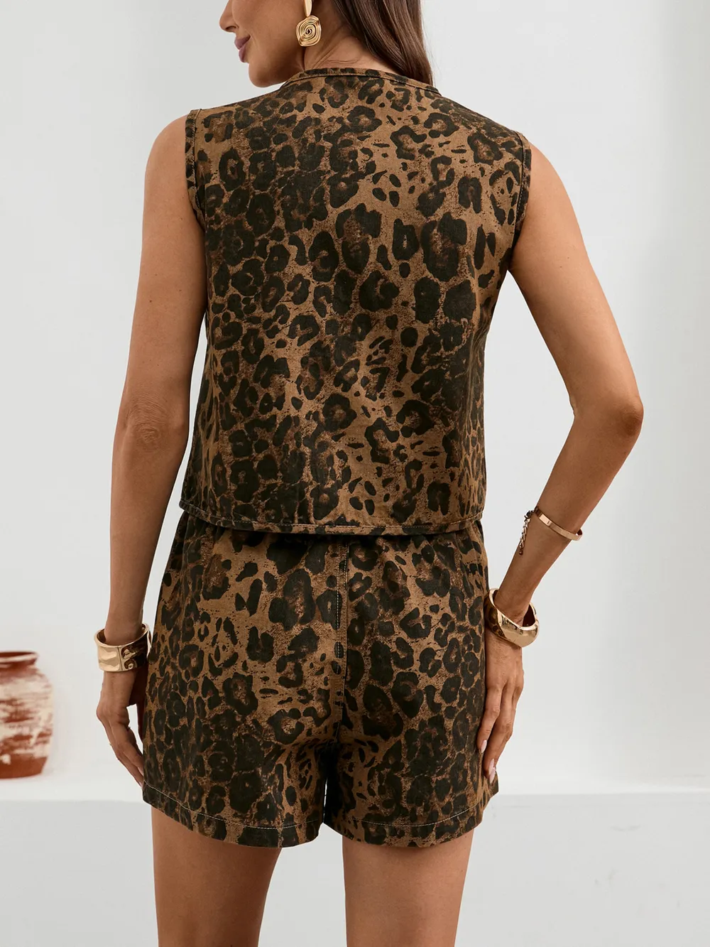 Leopard Print Tie Front Tank and Shorts Denim Set, image 3